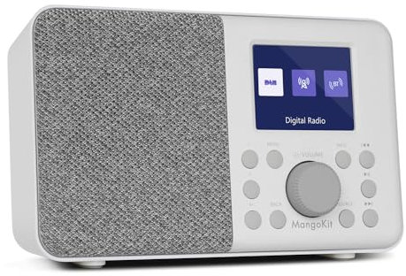 MangoKit Radio digitale portatile MD3 DAB/DAB+ e FM,altoparlante Bluetooth,cuffie,40 stazioni preimpostate,sveglie e orologio,schermo a colori,batterie e alimentazione elettrica - grigio pietra