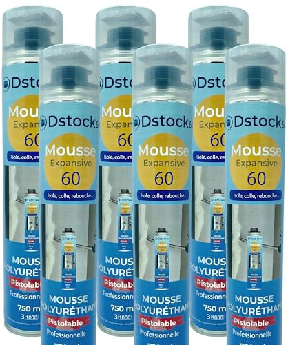 DSTOCK60 - Lot de 6 mousses expansives pistolables 750 ml - Mousse polyuréthane professionnelle - Isole, colle et rebouche - Mousse pistolable - Extérieur et intérieur