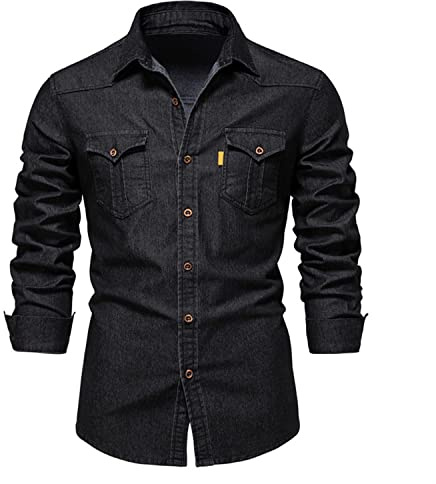Skrsila herr jeansskjorta denim skjorta långärmad skjorta cowboy stil Kent krage affärsliv män fritid skjorta, svart, XL