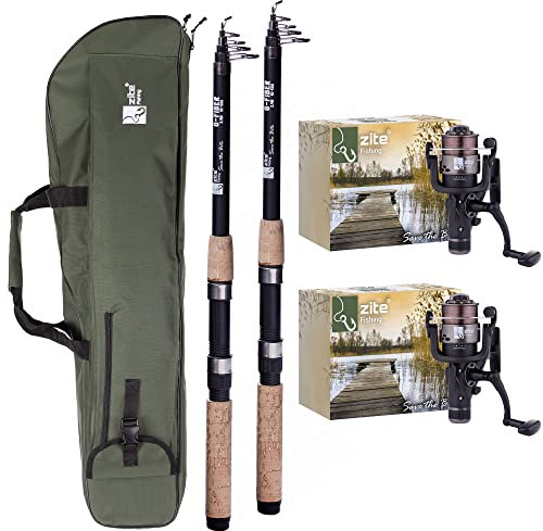 Zite Fishing Angel-Set Karpfen Aal Zander Angeln - Teleskopruten Angelruten 2,70m - Freilaufrollen Angelrollen Bespult - Rutenfutteral Rutentasche 100cm