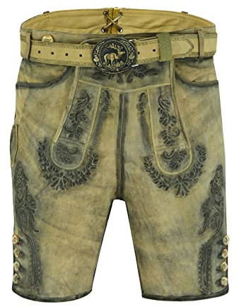 SiXsigma Sports Kurze Herren Trachten Lederhose mit Gürtel, Olive Meliert, Wildbockleder, Antik Oktoberfest Trachtengürtel Bayern 46-64