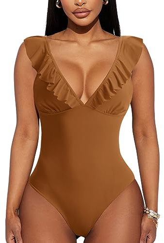 Aranmei Dam sexig bodysuit V-ringad ärmlösa toppar teddy en del volang bodysuit för att gå ut, Brun, XXL