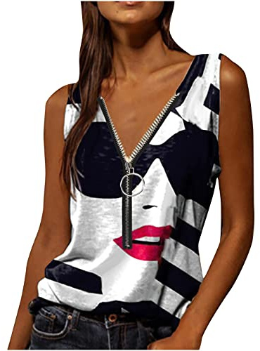 Camisetas sin Manga Mujer Verano 2026 Moda Impresión Abstracto Camisola Casual Camisetas de Tirantes Cuello en V Cremallera Originales Fiesta Chaleco Tops Slim Fit Shirt tee Camisa