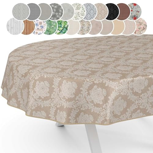 Stoff Tischdecke Textil Tischwäsche Tischtuch Baumwolle Polyester abwaschbar Uni Ornament Damast Jacquard Gewebe waschbar Barock Beige Oval 260x140cm mit Saum (Eingefasst)