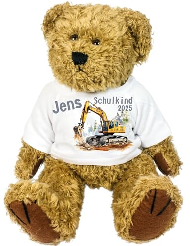 Kilala Teddybär Einschulung mit Bagger – personalisiert mit Name & Schulkind 2025 – Geschenk für Jungen – Plüschbär – Zuckertüte Schulstart Baustelle (Bagger gelb/grau)