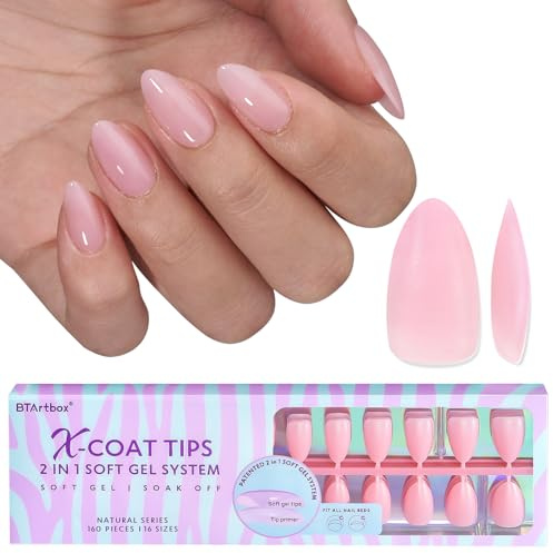 BTArtbox XCOATTIPS Pink Press On Nails, Short Almond, 160ct | Lampenhärtend, 4 Wochen Haltbarkeit, Nageldesign in Salonqualität, Einfach Anzubringen für Anfänger, Nur 160pcs Nagelspitzen
