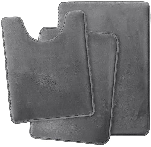 Lifup Badematte 3er Set, Weiche rutschfeste Mikrofaser Wasserabsorbierend Badezimmermatte Duschvorleger, 2 Badezimmer Teppiche, 1 Toilettenmatte Dunkelgrau