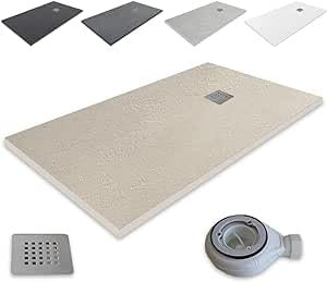 Outletaseo - Plato de Ducha de Resina Atlantic - Antideslizante Textura Pizarra - Todas Las Medidas Disponibles -Todos los Colores - Incluye Válvula desagüe+Rejilla (70x80, Beige Ral 1172)
