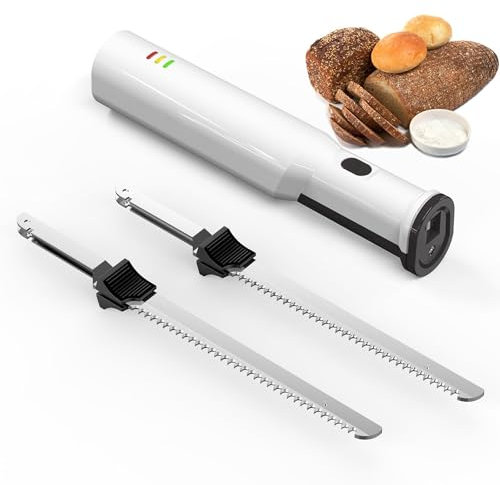 HLGKBY Coltello da Pane Professionale a Batteria, con 2 coltelli elettrici alternativi seghettati da 8 Pollici, Ricaricabili, Lame in Acciaio Inossidabile e grilletto con Blocco di Sicurezza