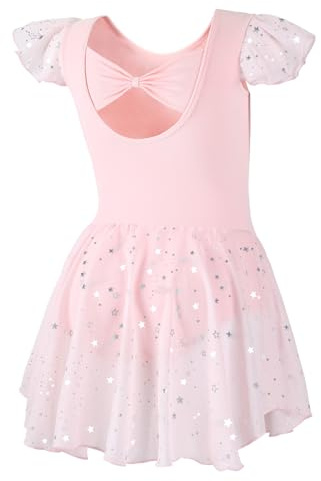 DIPUG Girls Dance Dress Ballet Leotards for Girls Toddler Ballet Outfit Shiny Skirts Ruffle Sleeve and Bow Back Pink Size Kids 2t 3t 4t XS