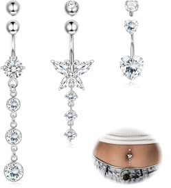 Diamday 3 Stück Bauchnabelpiercing Chirurgenstahl, Piercing Bauchnabel Set, 14G Bauchnabelpiercing Lang,Zirkonia Herz Schmetterling Nabel Barbell Ring Gold Silber 3 Stück Piercing Kugel Ersatzkugel