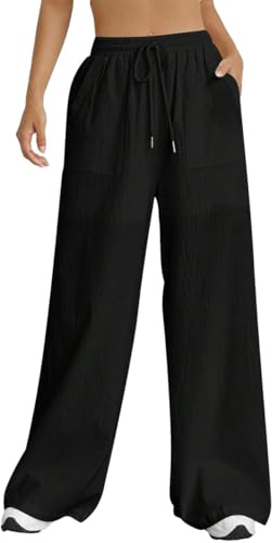 Nuofengkudu Larghi Pantaloni Palazzo Donna Estivi Coulisse Elastico Vita Alta Tasche Comodi Eleganti Lunghi Leggeri Yoga Pantalone Gamba Larga Traspiranti Sportivi Spiaggia Casual Joggers Nero L