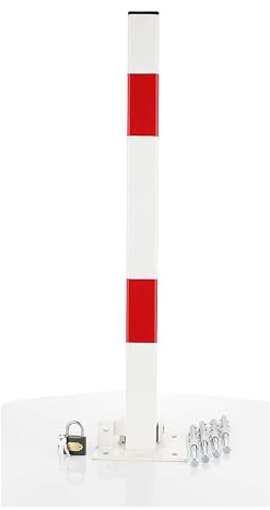Parkpfosten Parkplatzsperre Schlüssel | Sperrpfosten klappbar | Vorhängeschloss SLUPEK | Stahl | Robust Parkplatzbügel | Sperrbügel Parkplatz | Weiß/Rot