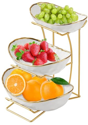 Niuirt Fruit Bowl for Kitchen Counter, 3-Tier Fruit Basket, Ceramic Fruit Bowl with Metal Stand for Fruit, Vegetable Storage, Snack, Nuts, Dessert, Cake, Stylish & Cute