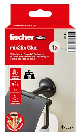 Fischer 4 Pz Colla Fissaggio Accessori Bagno su Piastrelle, Bicomponente, Senza Foratura, per Bagno e Cucina, Tenuta Affidabile, 4 bustine da 4g