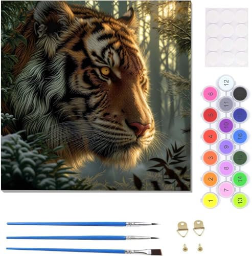 Malen Nach Zahlen Erwachsene Wald Tiger, Paint by Numbers Malen Nach Zahlen, Handgemalt Ölgemälde Kit für Anfänger Erwachsene Mit 3-Pinseln und Acrylfarbe, für Home Decor (mit Rahmen) 25x25cm U-8022