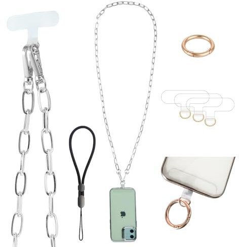 Casecond Crossbody Phone Lanyard Chain Shoulder Cell Phones Strap Charm Neck with Wrist Strap Finger Grip 3 Pad Patches Tether Anti Theft Universal for iPhone 17 16 Pro Max 15 14 13 12 Samsung Silver