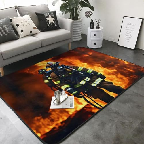 HATEGE Teppich Wohnzimmer 100 x 150 cm Waschbar Feuerwehrmänner, Outdoor Teppiche Kurzflor 3D Teenager, Carpet Flauschig Feuerwehrmänner ZP2651