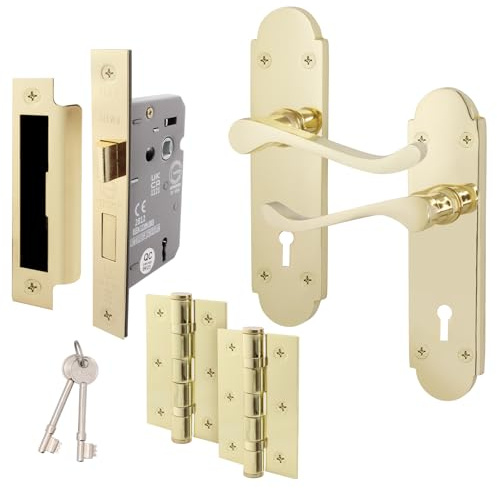 EAI Polished Brass Door Handles with Sash Lock 80mm and Hinges | Complete Sash Lock Kit with 1 Pair of Victorian Scroll Lever Door Handles, 80mm Sash Lock, 76mm Hinges, Fixings Included