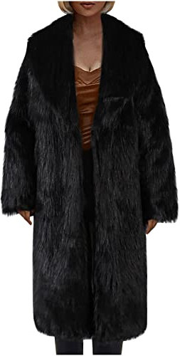 Komiseup Fleecejacke Damen, Winterjacke Damen Lange Winter Pelzmantel Elegant Kunstpelz Jacke Offener Front Wintermantel Dick Plüschjacke mit Kapuze Warme Kunstfell Oberbekleidung Faux Pelz Coat 18