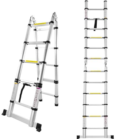 Mehrzweckleiter，Aluminium Teleskopleiter，Multifunktionsleiter,Ausziehbar Stehleiter，Teleskop Klappleiter，Ausziehleiter mit Abnehmbarem Rollen，Ausziehbare Haushaltsleiter für Garten Innen（1.9M+1.9M）