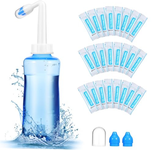 COLLBATH Botella De Descarga Para Lavado Nasal 500 Ml Con Válvula Automática Boquilla Angular y 40 Sobres De Sal Para Irrigación Nasal Sistema Exprisible Uso Doméstico y Personal