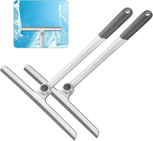 WONDAY Shower Squeegee for Glass Doors, 12 Long Handle Window Squeegee Cleaning Tool, Streak-Free Silicone Blade for Bathroom Mirror, High Windows, Car Windshield (Grey-2 Pack)