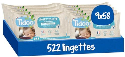 TIDOO - Tücher mit reinem Wasser – weiches und sehr strapazierfähiges Babytuch – kompostierbare Reinigungstücher ohne Allergene – Babypflege für normale und empfindliche Haut – 9 x 58 Reinigungstücher