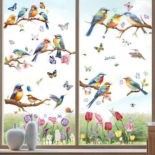 Kangtaixin Fensterbilder Frühling Kinder - 9 Blatt Aquarell Fenstersticker Selbstklebend mit Vögel Blumen Schmetterlinge, Aufkleber Wiederverwendbare für Kinderzimmer Fensterdeko Frühlingsdeko