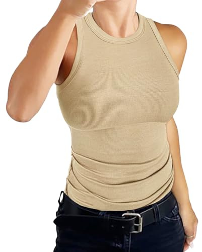 DUOEASE Top Dam Sommar 2025 Basic Hög Hals Tanktop Ribbad Slim Fit Enfärgad Topp, Ljusbrun, XS