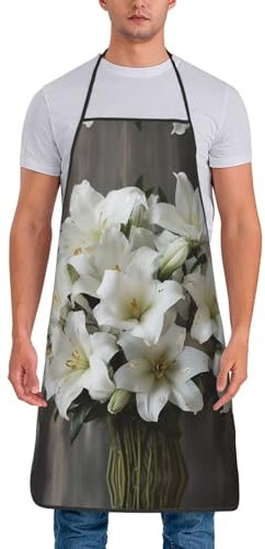 POCUK Weiße Lilienstrauß-Schürze für Erwachsene, zum Kochen, Restaurant, Hotel, funktioneller Kochkittel, Weiß, Einheitsgröße, Weiß, Einheitsgr��e