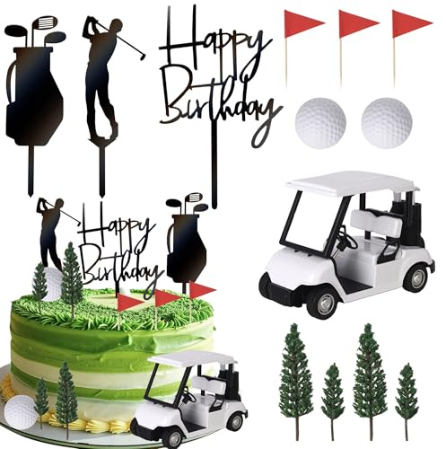 Xsstarmi 13 Pack White Golf Cake Topper 3D Golf Ball Golfers Acrylic Cake Pick Golf Cart Cake Decorations for Golf Theme Baby Shower Happy Birthday Party Cake Decoration Supplies