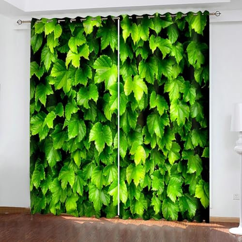 Bishilin Vorhänge Wohnzimmer Verdunkelung 2er Set, Verdunklungsvorhänge 86x138CM mit Ösen Grüne Blätter Muster Gardinen Blickdicht Kinderzimmer Jugendzimmer