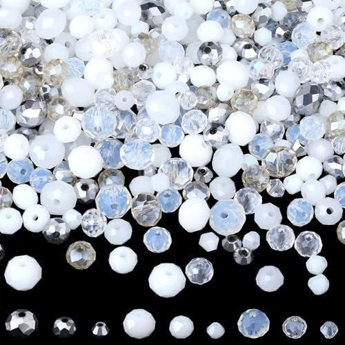 GUJOXILA 1100 Stück Weiß Kristalle Glasperlen Kit Facettierte Perlen | Glasperlen mit Loch Glitzerperlen für Armbänder Sonnenfänger Basteln Schmuckherstellung DIY Halsketten Ohrringe 4/6/8 mm