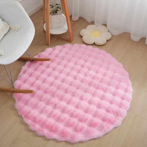 KRIPINC Alfombra Piel de Oveja Imitación, Alfombra Pelo Largo, Tapete Redondo, Tapetes para Sala, Niñas Infantil Habitacion, Pie de Cama, Diámetro 100cm, Rosa