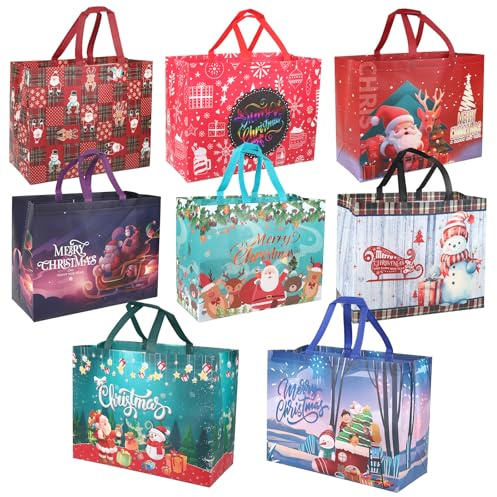 8 Stück Weihnachtstüten, groß Wiederverwendbare Geschenktüten Weihnachten mit Griffen für Weihnachten und Partygeschenke