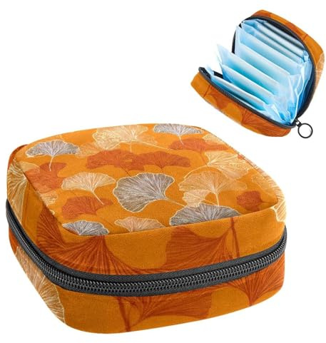 Sanitary Napkin Storage Bag, Yellow Ginkgo Leaves on Orange Background Portable Menstrual Pad Bag, Panty Liners Tampons Sanitary Pads Storage Holder for Women School Office