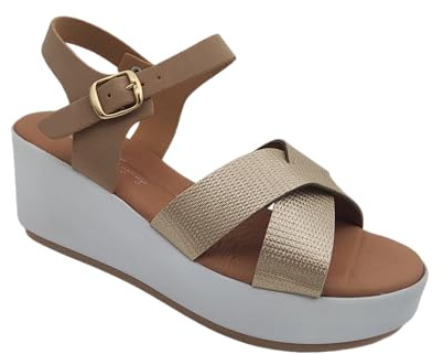 Comodissimi Sandali Estivi Donna con Zeppa, Scarpe Estive ed Eleganti, Sandalo in Pelle Comodo e Alto, 100% Made in Italy (Beige, Sistema Taglie Calzature EU, Adulto, Donna, Numero, Media, 38)