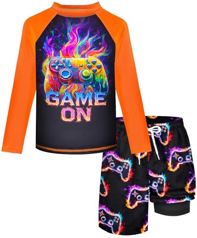 Boys 2 Piece Rash Guard Swimsuit Long Sleeve Swim Shirt and Trunks Quick Dry Black Bathing Suit Game Console Set Size 7