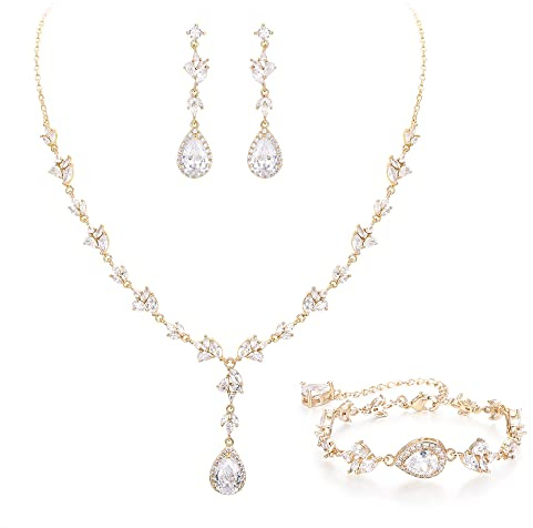 Clearine e Conjunto de joyas de boda con forma de lágrima de marquesa para novia, para damas de honor, vestido formal, tono dorado claro