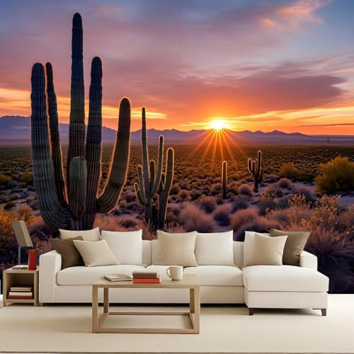 Photo Wallpaper Cactus Flowers Desert Landscape 450x315 cm 3D Effects Mural Non-Woven Matte Waterproof Wall Poster TV Background Decorative for Room Living Bedroom Restaurant Office Home Renovation