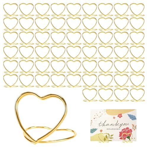 CHUENKUK 80 Stück Tischkartenhalter Gold, Herz 26 x 30mm Menükartenhalter, Doppelherz Design, Stahldraht 1,2mm Kartenhalter Gold für Hochzeit, Events