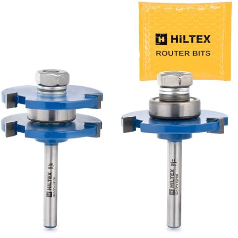 HILTEX 10110H Tongue and Groove Router Bit Set, 2 Pieces, 1/4 Inch Shank, Adjustable 3 Teeth T-Shape Wood Milling Cutter Woodworking Tool, 1/2-Inch Cutting Depth 1/4-Inch Tongue Height