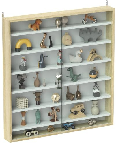 HOMCOM Vitrina Mural 7 Niveles con Puertas Vidrio 80x83cm Roble | Vitrina, 6 estantes ajustables, para adornos de oficina y hogar