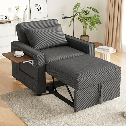 Merax Schlafsofa Klein, Multifunktionales 3-in-1 Klappsofa, klappsessel mit schlaffunktion, ausziehbarer Schlafcouch mit USB-Anschlüssen und Handyhalter, für Wohnzimmer/Schlafzimmer, Cord Stoff, Grau