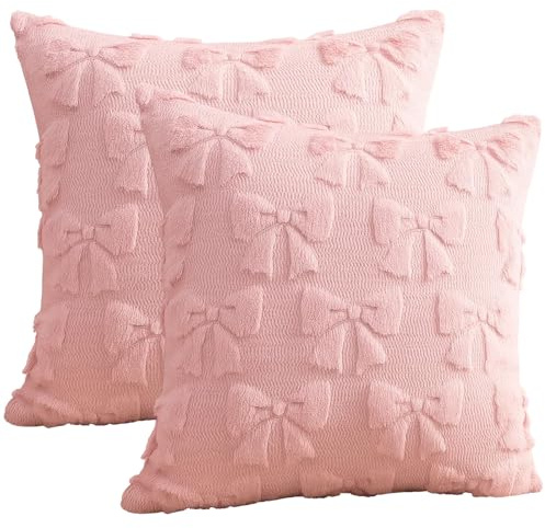 RagQbuK 2 Pcs Decorative Cushions Covers, 45x45CM, Cute with Bow Design, Plush and fluffy Aesthetic Square Pillows, Suitable for Bedding, Sofas and Girls Bedroom Sofa Chair