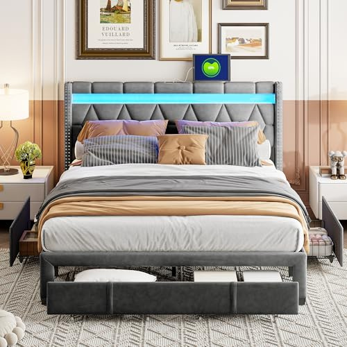 BRYXR Polsterbett Doppelbett 160x200, LED Kopfteil mit USB Ladefunktion, Bettgestell mit Lattenrost und 4 Schubladen, Jugendbett Stauraumbetten Funktionsbett Rückenlehne, Grau Leinen, Ohne Matratze