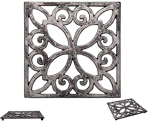 Comfify Decorative Cast Iron Trivet – Square Pattern for Kitchen or Dining Table – 6.5 x 6.5 with Rubber Feet – Recycled Metal – Rustic Design – Rust Silver Color