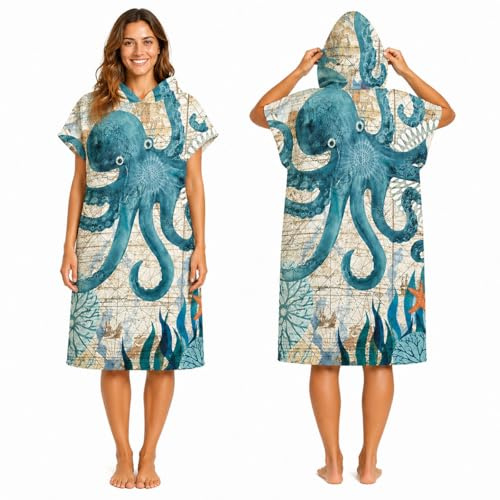 Odot Toalla Poncho de Surf, Microfibra de Secado rápido de Tejido Surfing Cambio Vestido con Capucha Poncho Playa Cambiador Albornoz Natación para Adulto Grande (75 x 110 cm, Pulpo)