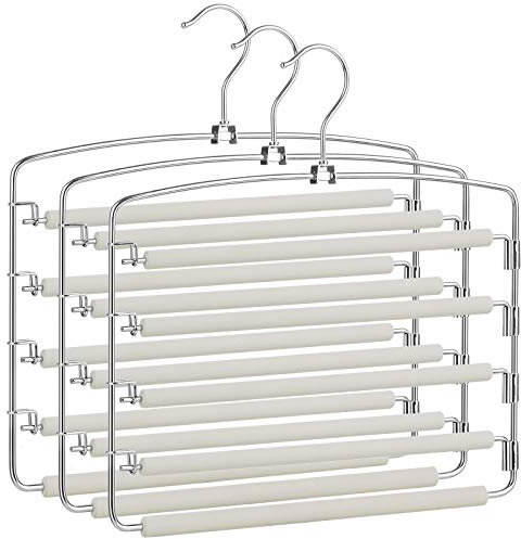 SONGMICS Hosenbügel platzsparend, 3er Set Mehrfach-Kleiderbügel aus Metall, rutschfeste Polsterung, schwenkbare Hosenstege, für je 5 Jeans, Anzughosen, Schals, Krawatten, silbern-grau CRI041GY
